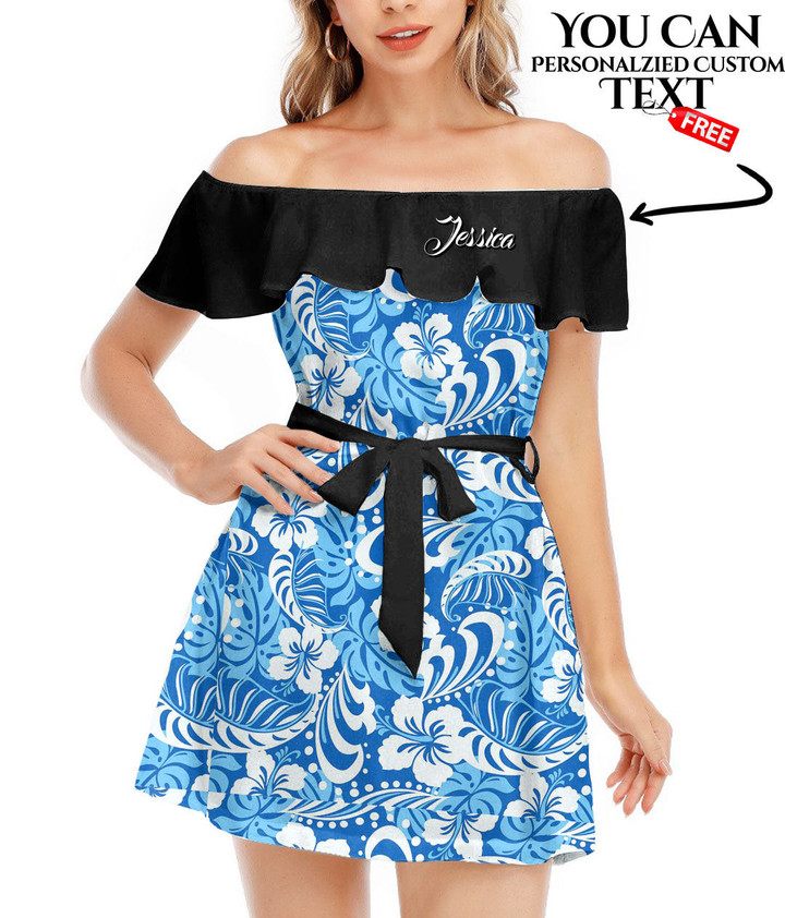 Women's Off-Shoulder Dress With Ruffle (Black Style) - Tropical Blue Abstract Repeat Pattern Best Gift For Women - Gifts She'll Love A7 | Africazone