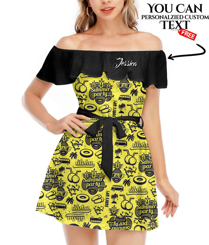Women's Off-Shoulder Dress With Ruffle (Black Style) - Summer Seamless Pattern With Pineapples Best Gift For Women - Gifts She'll Love A7 | Africazone