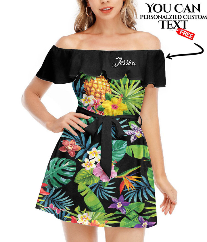 Women's Off-Shoulder Dress With Ruffle (Black Style) - Seamless Tropical Pattern With Pineapples Best Gift For Women - Gifts She'll Love A7 | Africazone