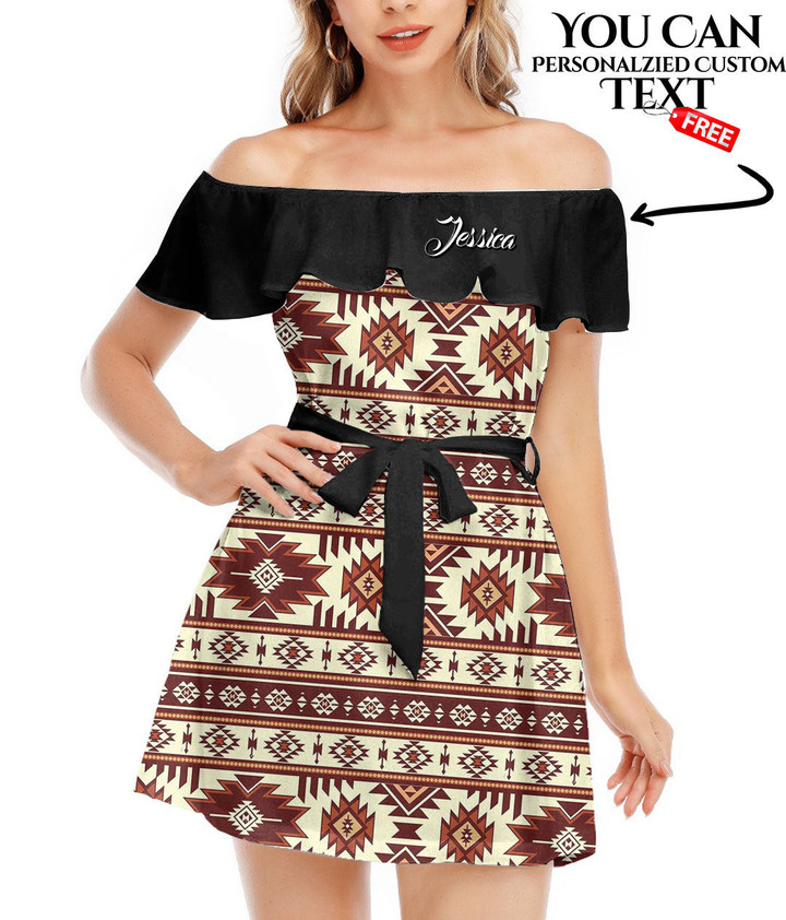Women's Off-Shoulder Dress With Ruffle (Black Style) - Native Pattern American Tribal Indian Best Gift For Women - Gifts She'll Love A7 | Africazone