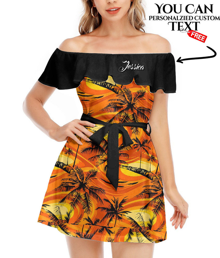 Women's Off-Shoulder Dress With Ruffle (Black Style) - Palm Trees With With Yellow Highlights Best Gift For Women - Gifts She'll Love A7 | Africazone