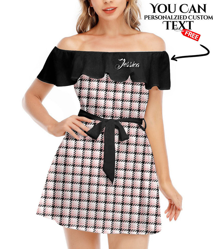 Women's Off-Shoulder Dress With Ruffle (Black Style) - Trendy Fashion Rose Pink Houndstooth Best Gift For Women - Gifts She'll Love A7 | Africazone