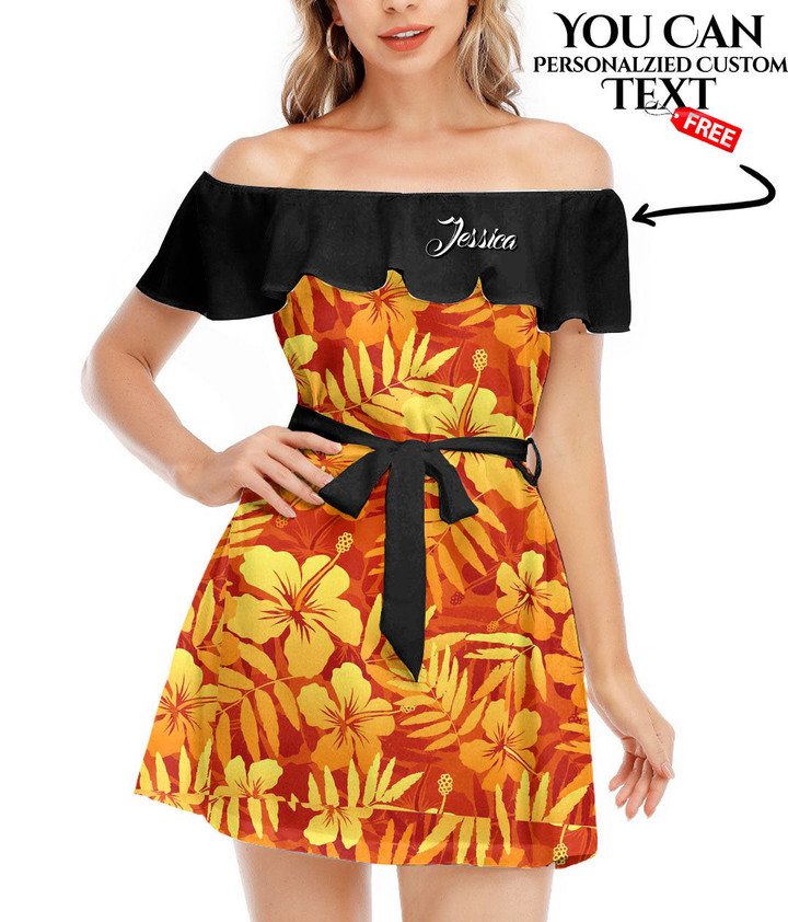 Women's Off-Shoulder Dress With Ruffle (Black Style) - Orange Tropical Flowers Best Gift For Women - Gifts She'll Love A7 | Africazone