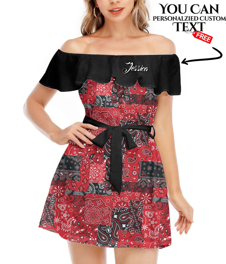 Women's Off-Shoulder Dress With Ruffle (Black Style) - Pretty Red Paisley Bandana Best Gift For Women - Gifts She'll Love A7 | Africazone