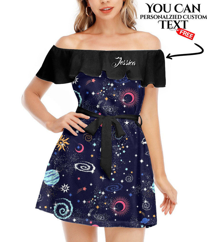 Women's Off-Shoulder Dress With Ruffle (Black Style) - Space Galaxy Best Gift For Women - Gifts She'll Love A7 | Africazone