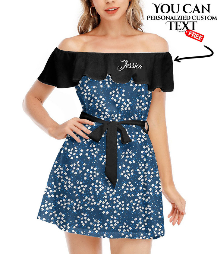 Women's Off-Shoulder Dress With Ruffle (Black Style) - Youngful White Flowers and Navy Blue Very Harmonious Combination Best Gift For Women - Gifts She'll Love A7 | Africazone