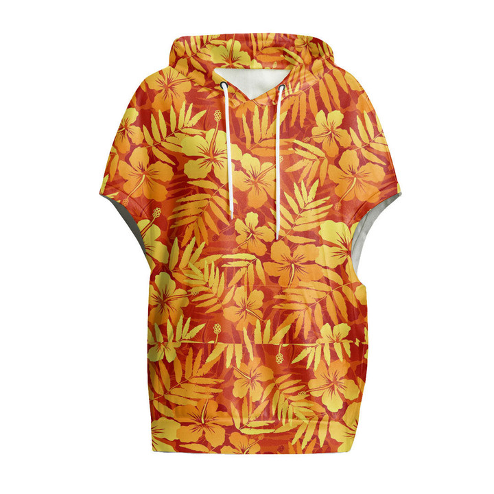 Cloak - Orange Tropical Flowers Women's Knitted Fleece Cloak With Kangaroo Pocket A7 | Africazone