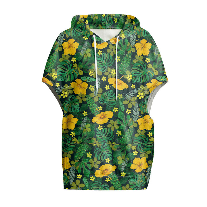 Cloak - Yellow Flowers Palm Leaves Jungle Leaf Women's Knitted Fleece Cloak With Kangaroo Pocket A7 | Africazone