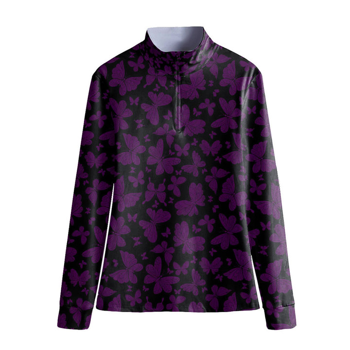 Stand-up Collar T-shirt - Butterfly Pattern Purple and White Version Women's Stand-up Collar T-shirt A7 | Africazone