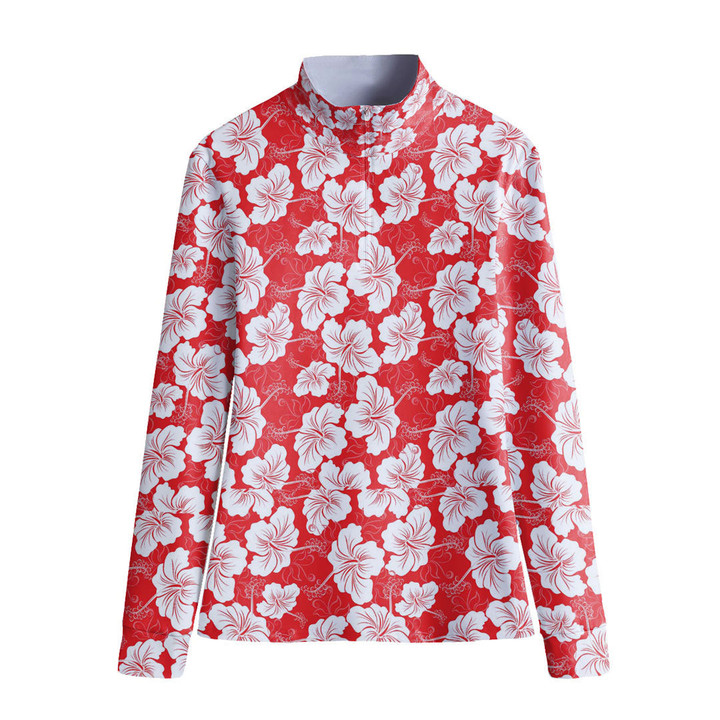 Stand-up Collar T-shirt - Seamless Hibiscus Flower Background Women's Stand-up Collar T-shirt A7 | Africazone