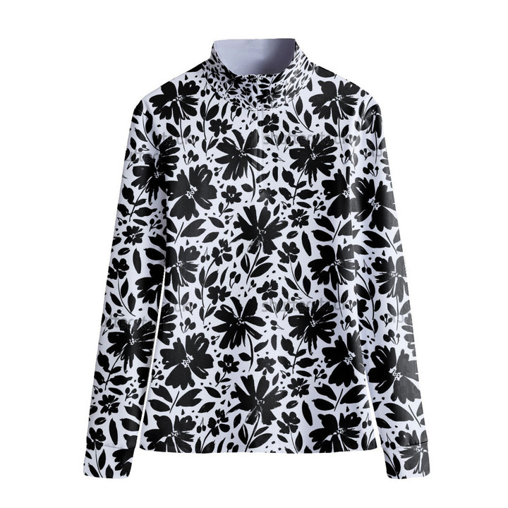 Stand-up Collar T-shirt - Simple Black and White Flowers Women's Stand-up Collar T-shirt A7 | Africazone