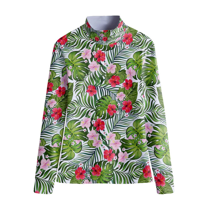 Stand-up Collar T-shirt - Green Palm Leaves And Hibiscus Flower Women's Stand-up Collar T-shirt A7 | Africazone