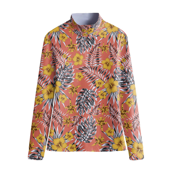 Stand-up Collar T-shirt - Tropical Leaves Yellow Flowers Hibiscus Lily Women's Stand-up Collar T-shirt A7 | Africazone