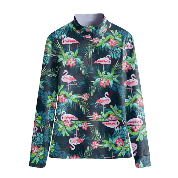 Stand-up Collar T-shirt - Tropical Summer With Flamingo Birds And Flowers Women's Stand-up Collar T-shirt A7 | Africazone