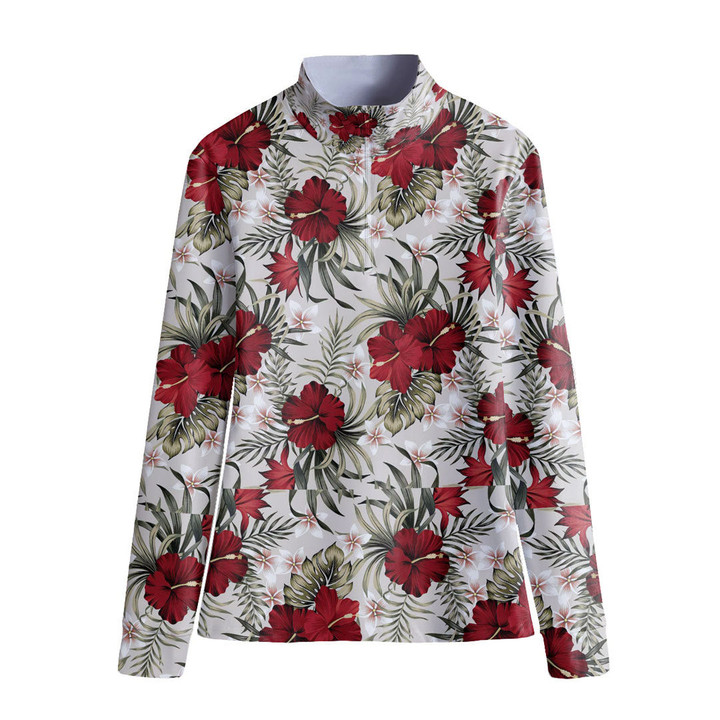 Stand-up Collar T-shirt - Tropical Vintage Red Hibiscus Flower Women's Stand-up Collar T-shirt A7 | Africazone