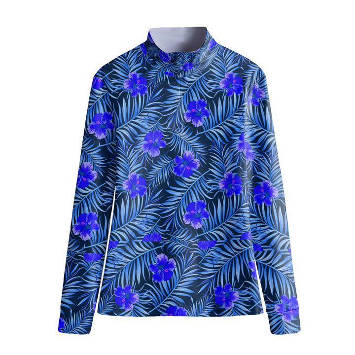 Stand-up Collar T-shirt - Tropical Palm Leaves And Hibiscus Blue Women's Stand-up Collar T-shirt A7 | Africazone