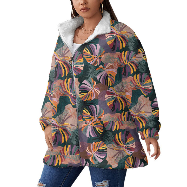 Women's Borg Fleece Stand-Up Collar Coat With Zipper Closure - Tropical Monstera And Palm Leaves Best Gift For Women - Gifts She'll Love A7