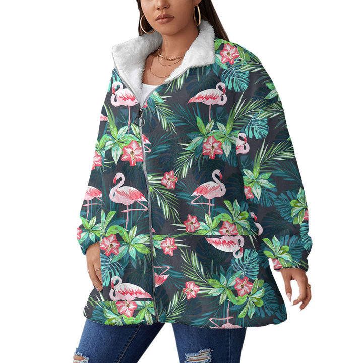 Women's Borg Fleece Stand-Up Collar Coat With Zipper Closure - Tropical Summer With Flamingo Birds And Flowers Best Gift For Women - Gifts She'll Love A7