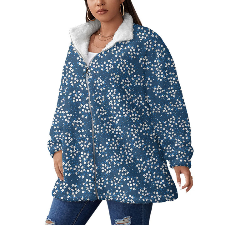 Women's Borg Fleece Stand-Up Collar Coat With Zipper Closure - Youngful White Flowers and Navy Blue Very Harmonious Combination Best Gift For Women - Gifts She'll Love A7