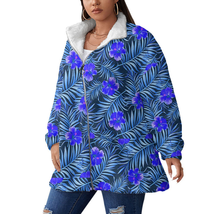 Women's Borg Fleece Stand-Up Collar Coat With Zipper Closure - Tropical Palm Leaves And Hibiscus Blue Best Gift For Women - Gifts She'll Love A7