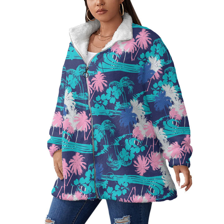 Women's Borg Fleece Stand-Up Collar Coat With Zipper Closure - Tropical Palm Leaves Jungle Leaves Best Gift For Women - Gifts She'll Love A7