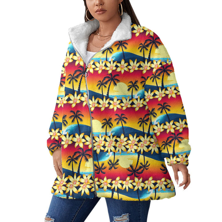 Women's Borg Fleece Stand-Up Collar Coat With Zipper Closure - Tropical Hibiscus And Palm Tree At Sunset Best Gift For Women - Gifts She'll Love A7