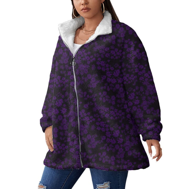 Women's Borg Fleece Stand-Up Collar Coat With Zipper Closure - Vintage Floral Simple and Delicate Purple Best Gift For Women - Gifts She'll Love A7