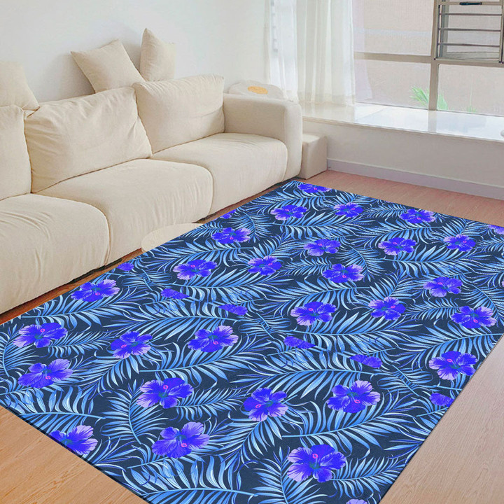 Floor Mat - Tropical Palm Leaves And Hibiscus Blue Foldable Rectangular Thickened Floor Mat A7 | Africazone