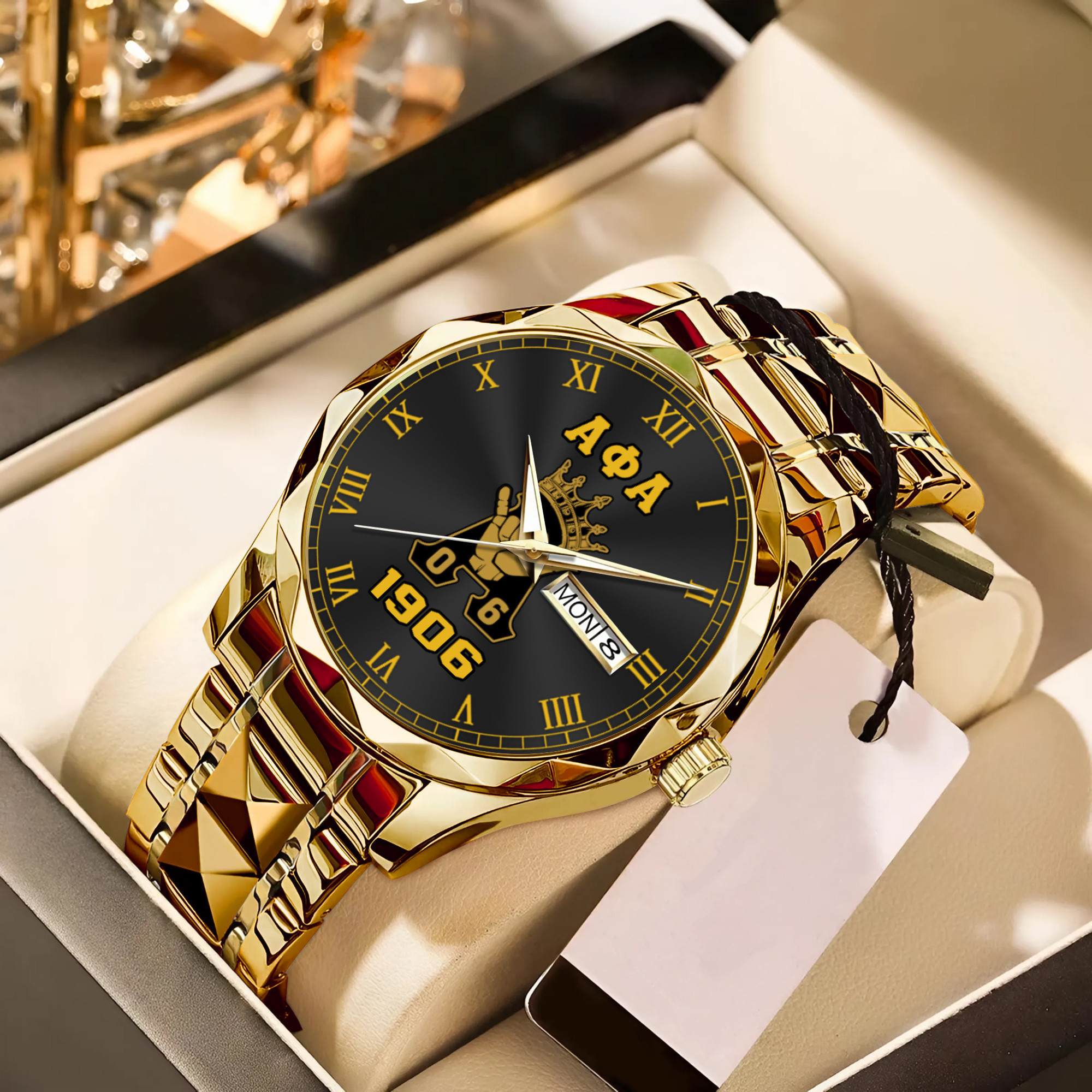 Alphas 1906 Handsign Day-Date Watch – Black Dial, Gold Roman Numerals