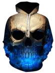 3D Effect Skull Print Pullover Hoodie Blue