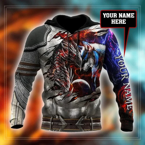 Armor dragon & wolf 3d unisex hoodie custom name