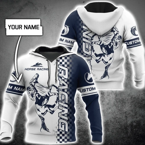Personalized Name Horse Racing Blue 3D All Over Printed Unisex Hoodie