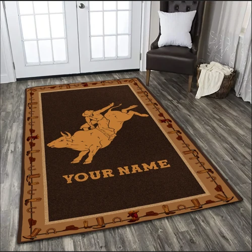 Personalized Name Bull Riding 3D Rug Cowboy Pattern
