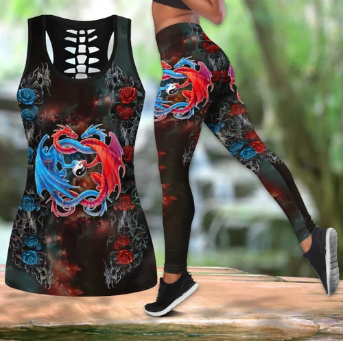 Dragon red & blue couples legging + hollow tank combo