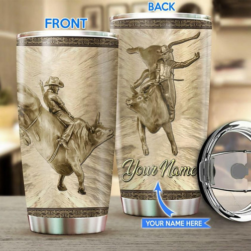 Personalized Name Bull Riding Stainless Steel Tumbler Golden