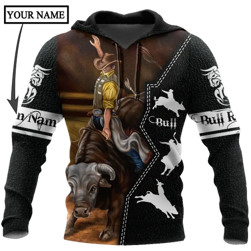 Personalized Name Bull Riding 3D All Over Printed Unisex Shirts Black Leather Texture