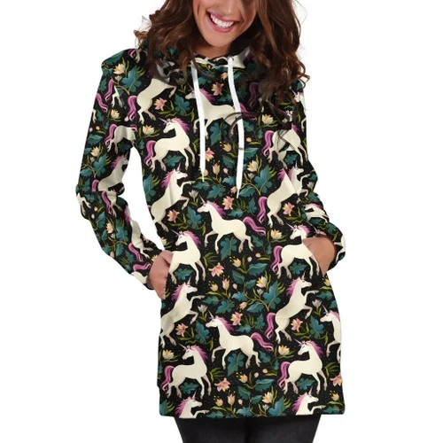 3D All Over Unicorn And Flower Hoodie Dress