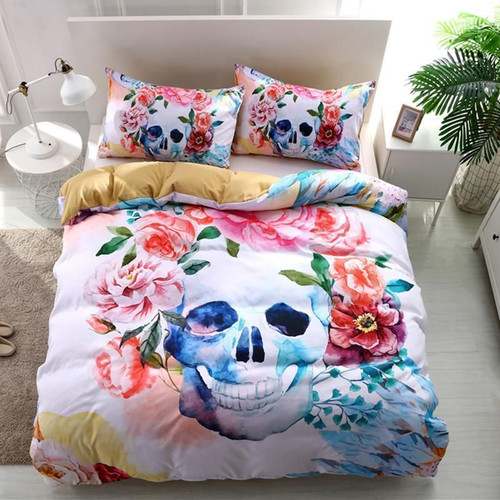3D Watercolor Flower Skull Bedding