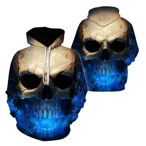 3D Effect Skull Print Pullover Hoodie Blue