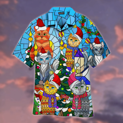 Cat Family Merry Christmas Stained Glass Hawaiian Shirt | For Men & Women | Adult | WT1161