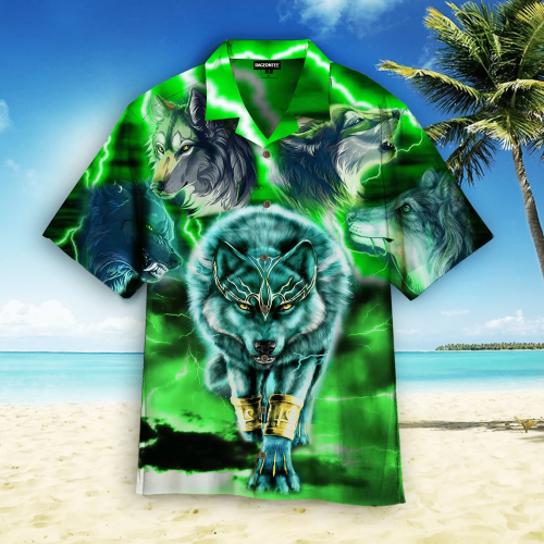 Green Neon Thunder Wolf Hawaiian Shirt | For Men & Women | Adult | HW4847