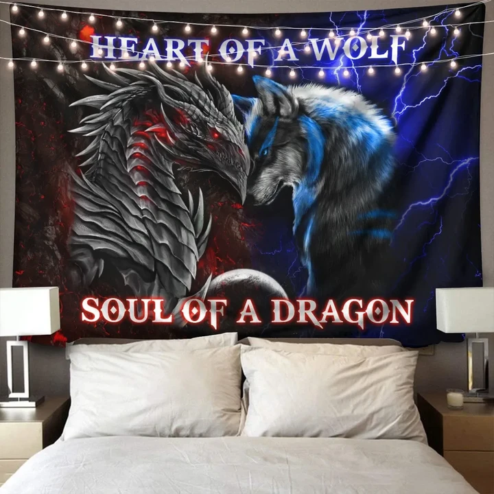 Dragon heart of a wolf, soul of a dragon 3d print wall tapestry