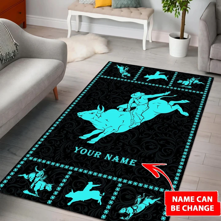 Personalized Name Bull Riding 3D Rug Blue