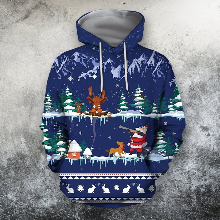 3D All Over Print Blue Rabbit Hunting Hoodie
