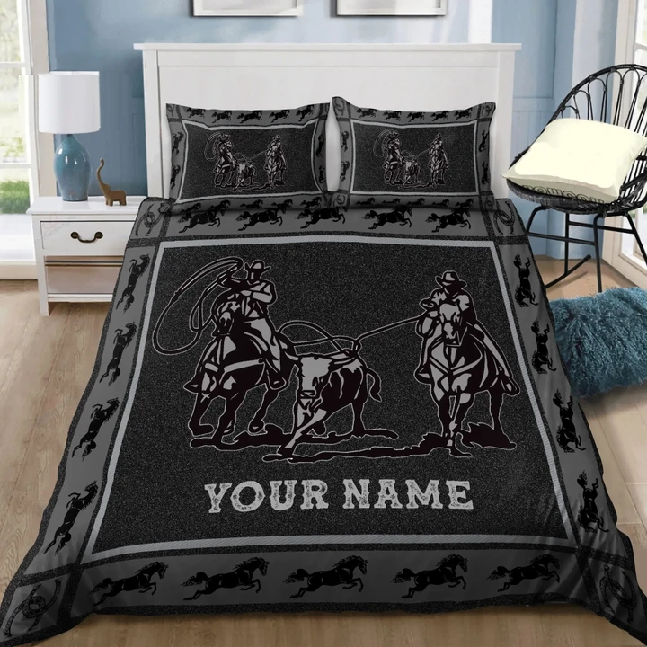 Personalized Name Bull Riding Bedding Team Roping Black