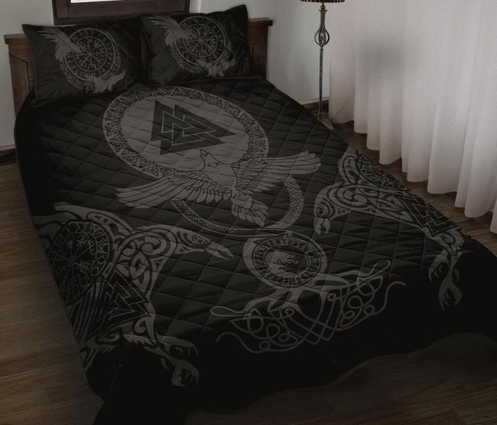 Viking Quilt Bed Set , Raven Vegvisir Fenrir Valknut