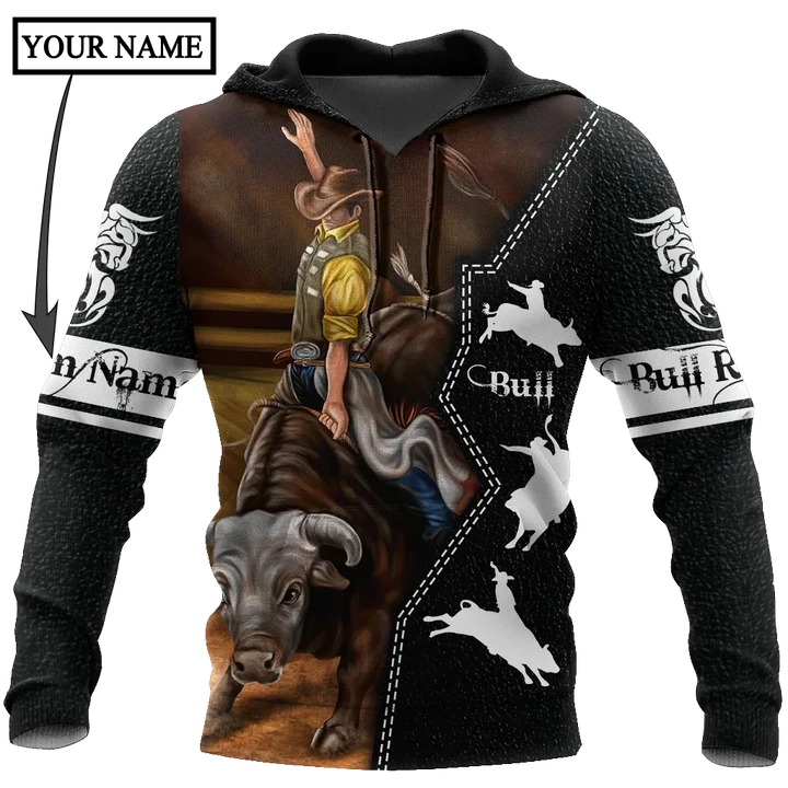 Personalized Name Bull Riding 3D All Over Printed Unisex Shirts Black Leather Texture