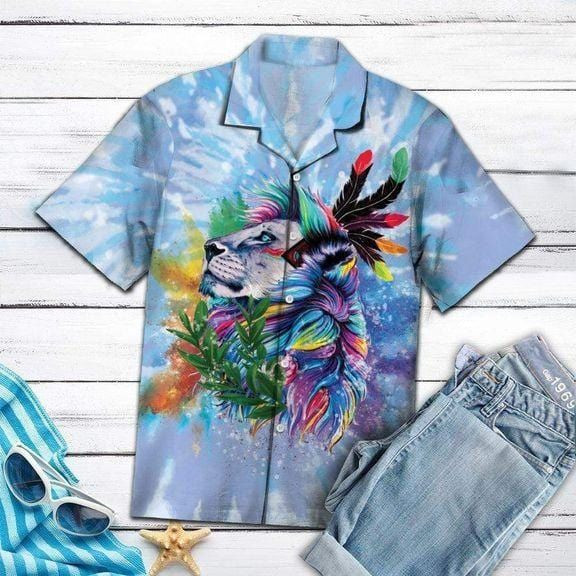 Tie-Dye Native American Lion Colorful Feather Hawaiian Shirt | For Men & Women | Adult | HW8103