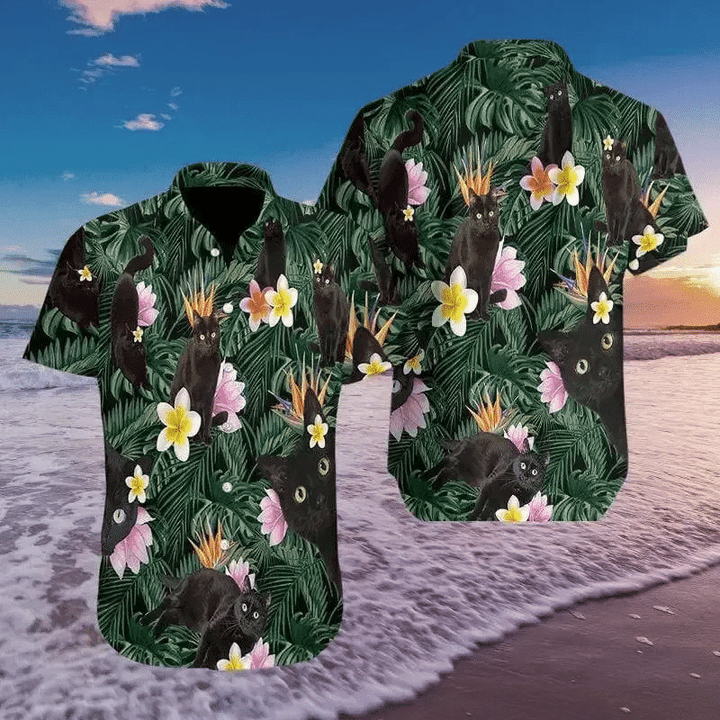 So Cute Black Cat Tropical Colorful Hawaiian Shirt | For Men & Women | Adult | HW8298