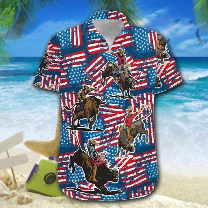 Bull Riding American Flag 4th Of July Hawaiian Shirt | For Men & Women | Adult | HW6209